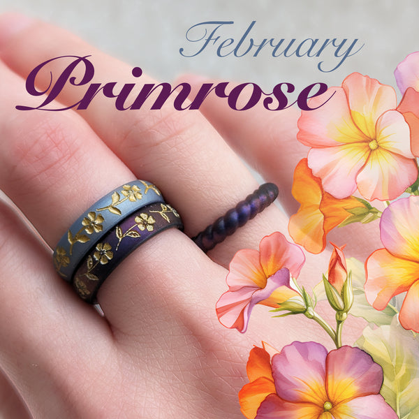 Gold Primrose Silicone Ring, February Birth Flower on Arc 4mm