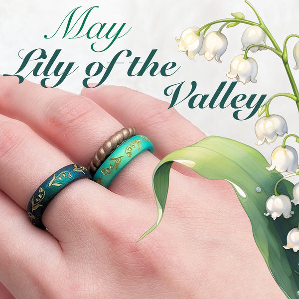 Gold Lily of the Valley Silicone Ring, May Birth Flower on Arc 4mm