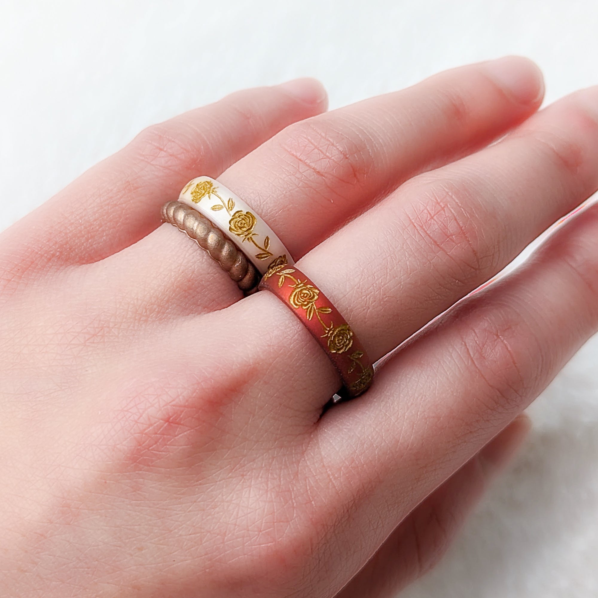 Gold Rose Silicone Ring, June Birth Flower on Arc 4mm