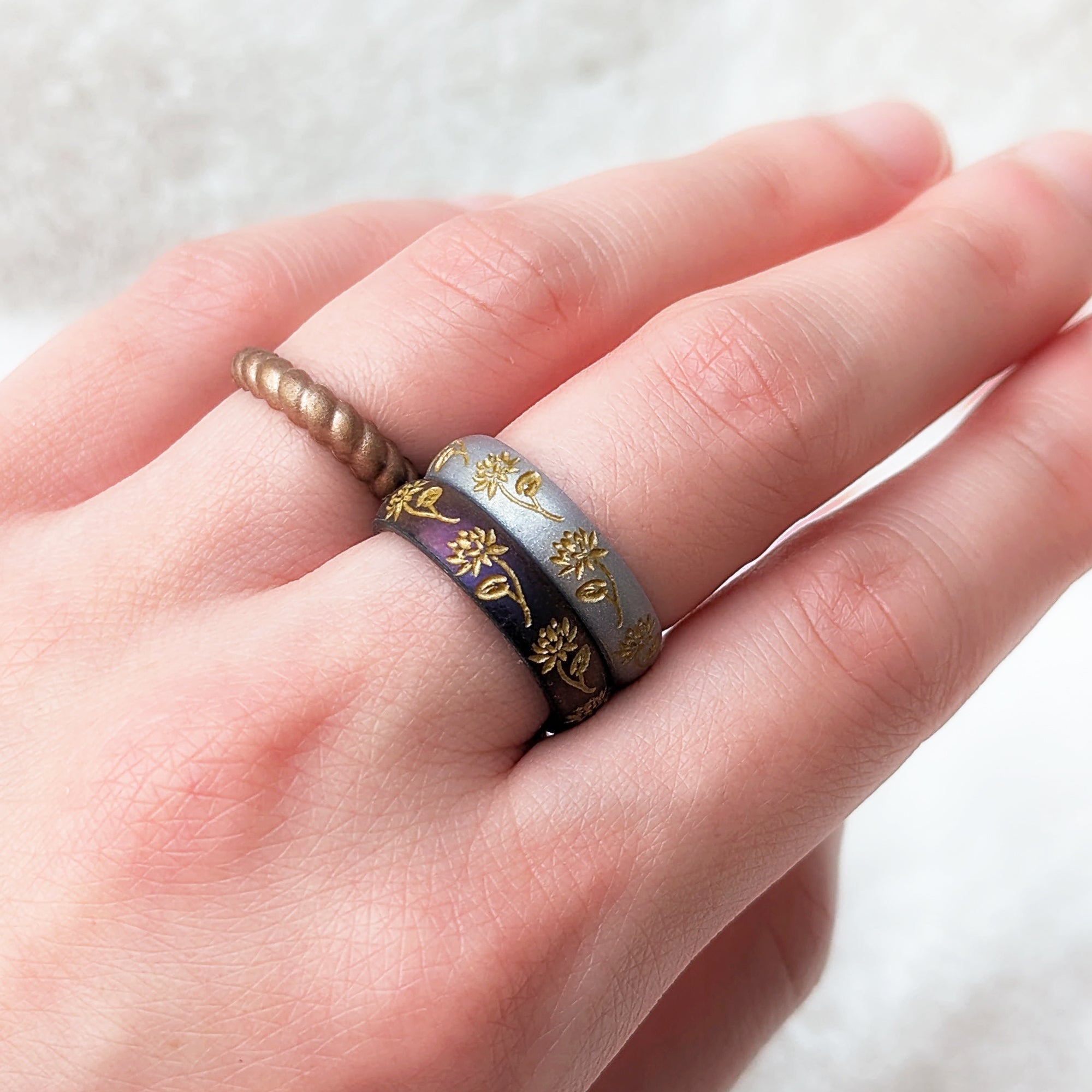 Gold Water Lily Silicone Ring, July Birth Flower on Arc 4mm