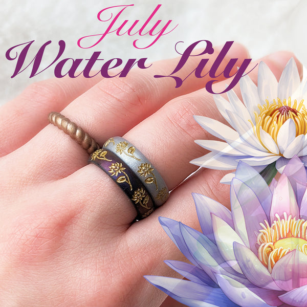 Gold Water Lily Silicone Ring, July Birth Flower on Arc 4mm