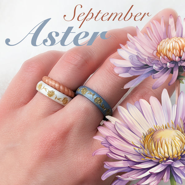 Gold Aster Silicone Ring, September Birth Flower on Arc 4mm