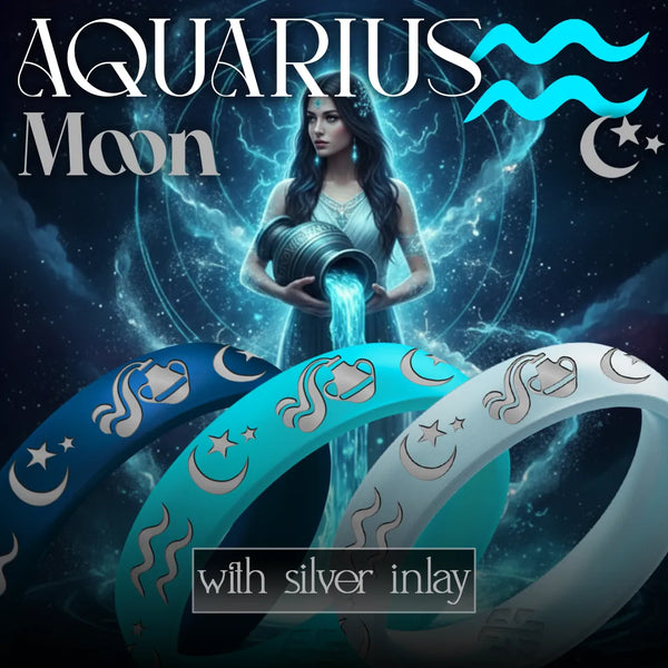 Aquarius Moon Silicone Ring with Silver Inlay