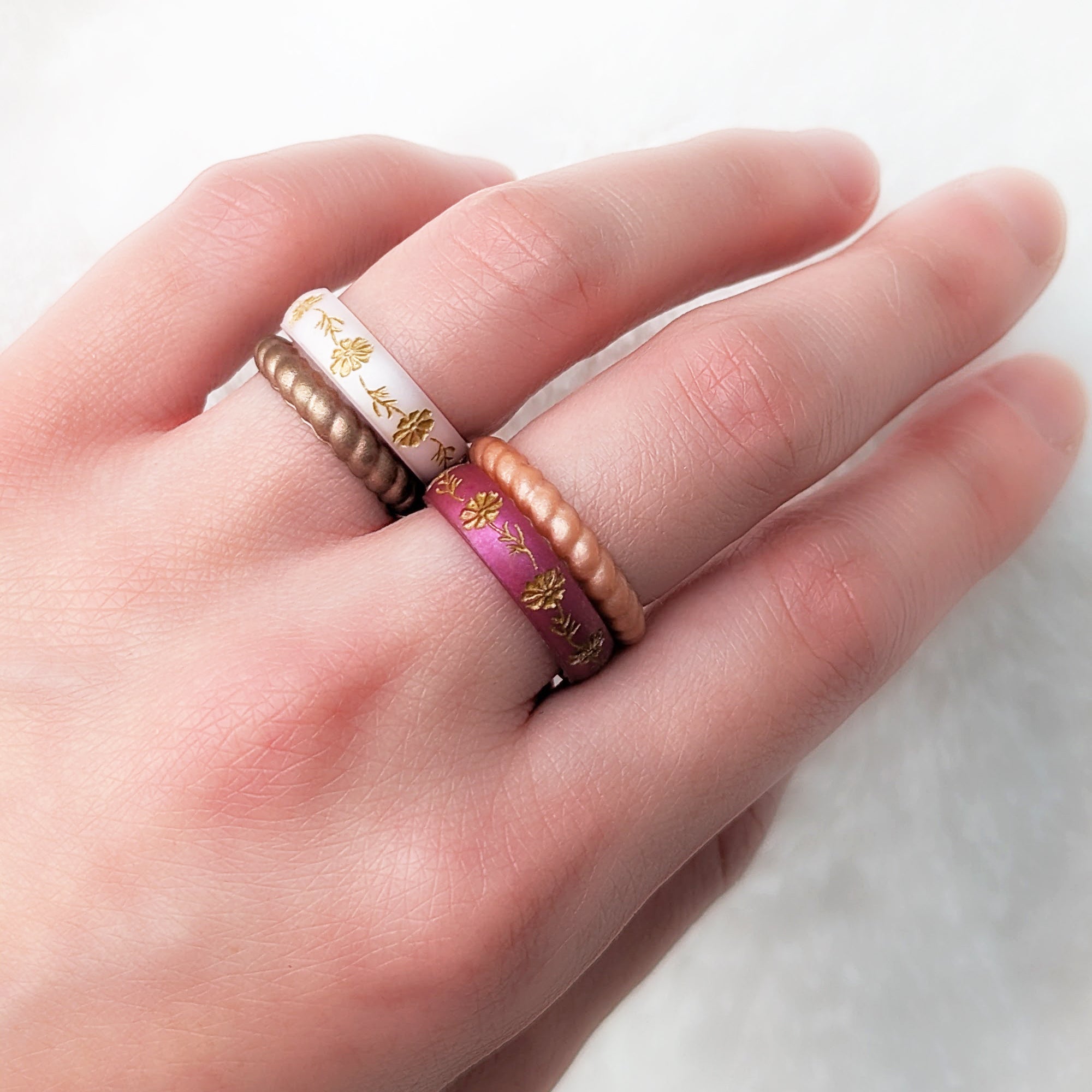 Gold Cosmos Silicone Ring, October Birth Flower on Arc 4mm