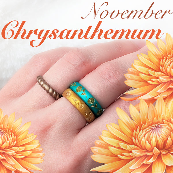 Gold Chrysanthemum Silicone Ring, November Birth Flower on Arc 4mm