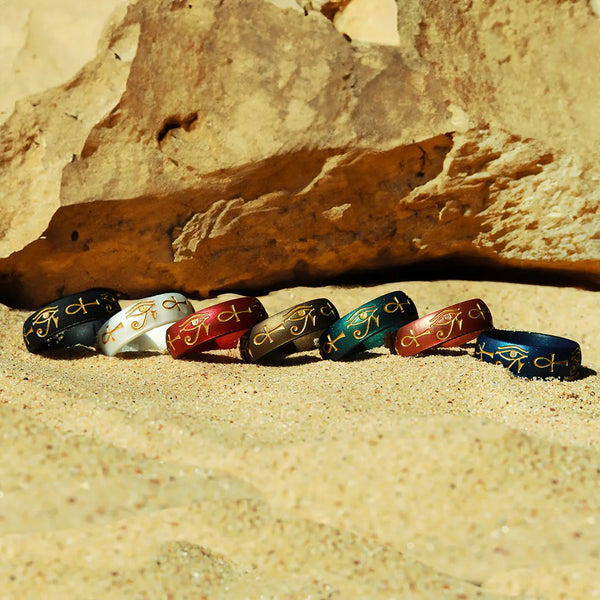 Gold Eye of Horus & Ankh Silicone Ring on Arc 6mm