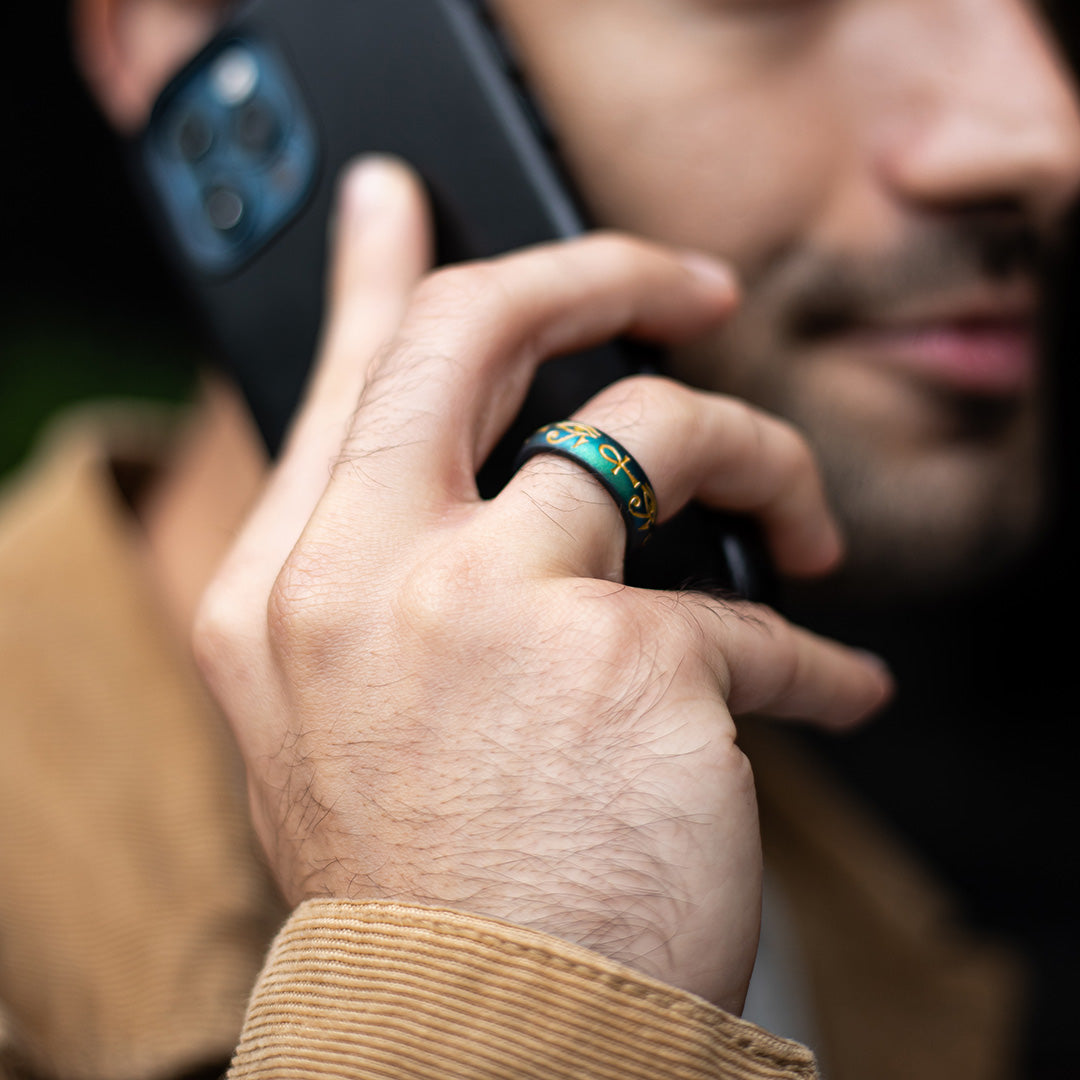 Gold Eye of Horus & Ankh Silicone Ring on Arc 6mm