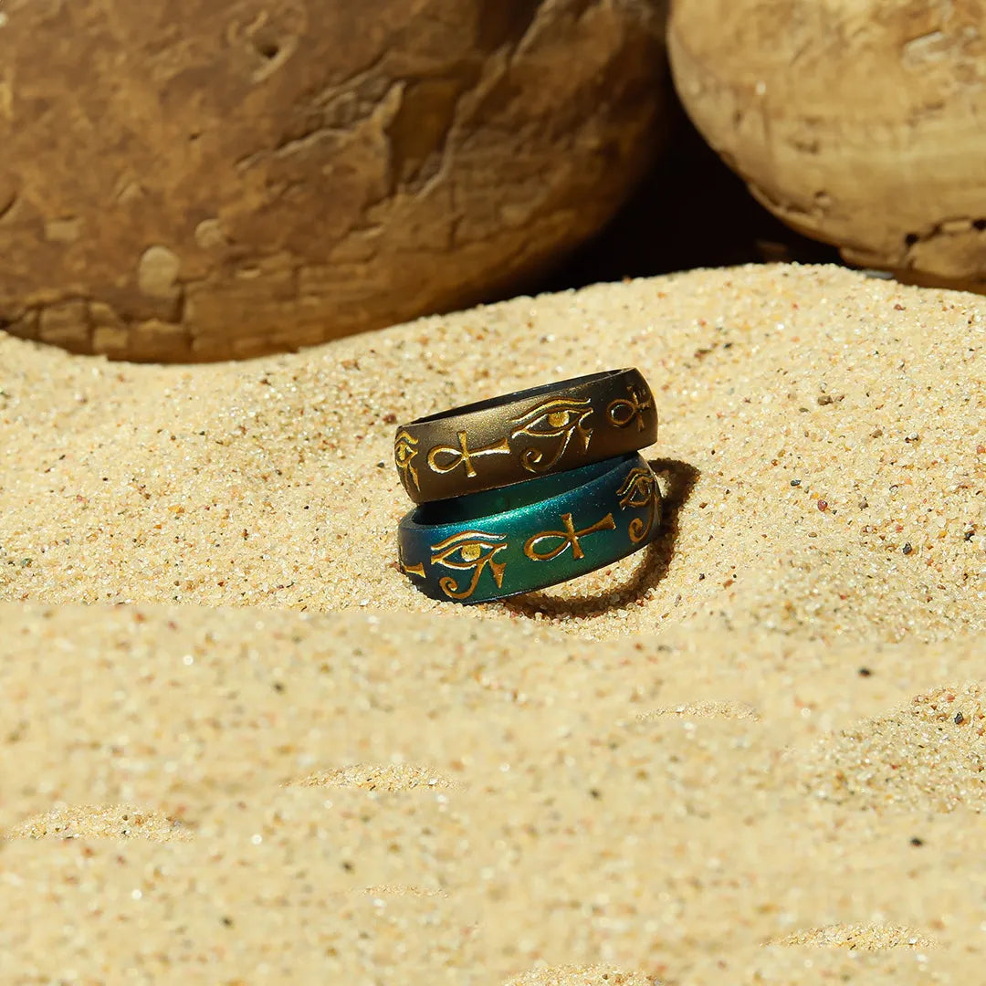 Gold Eye of Horus & Ankh Silicone Ring on Arc 6mm