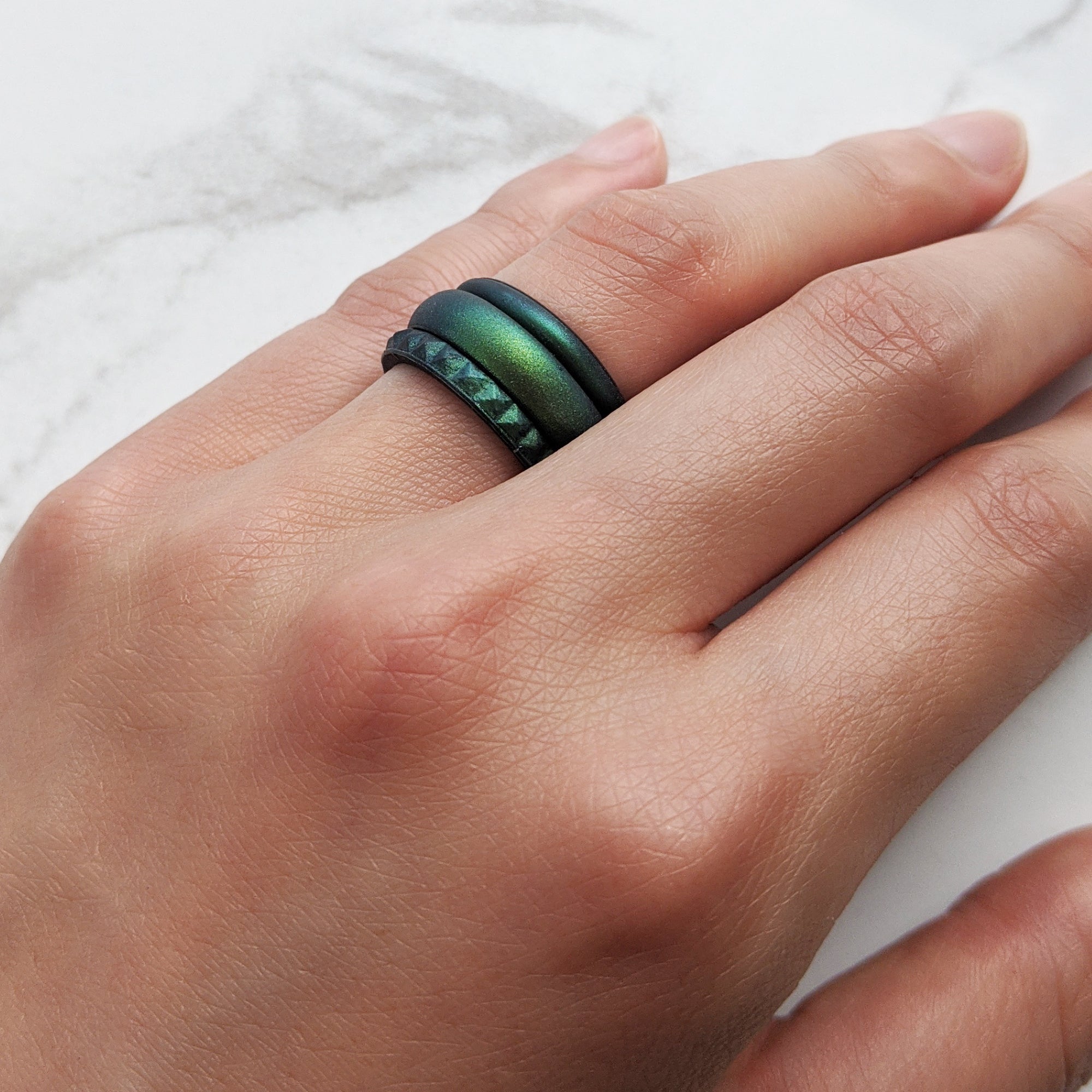Enchanted Green Pyramid Stackable Slim Thin Silicone Ring for Women - Knot Theory