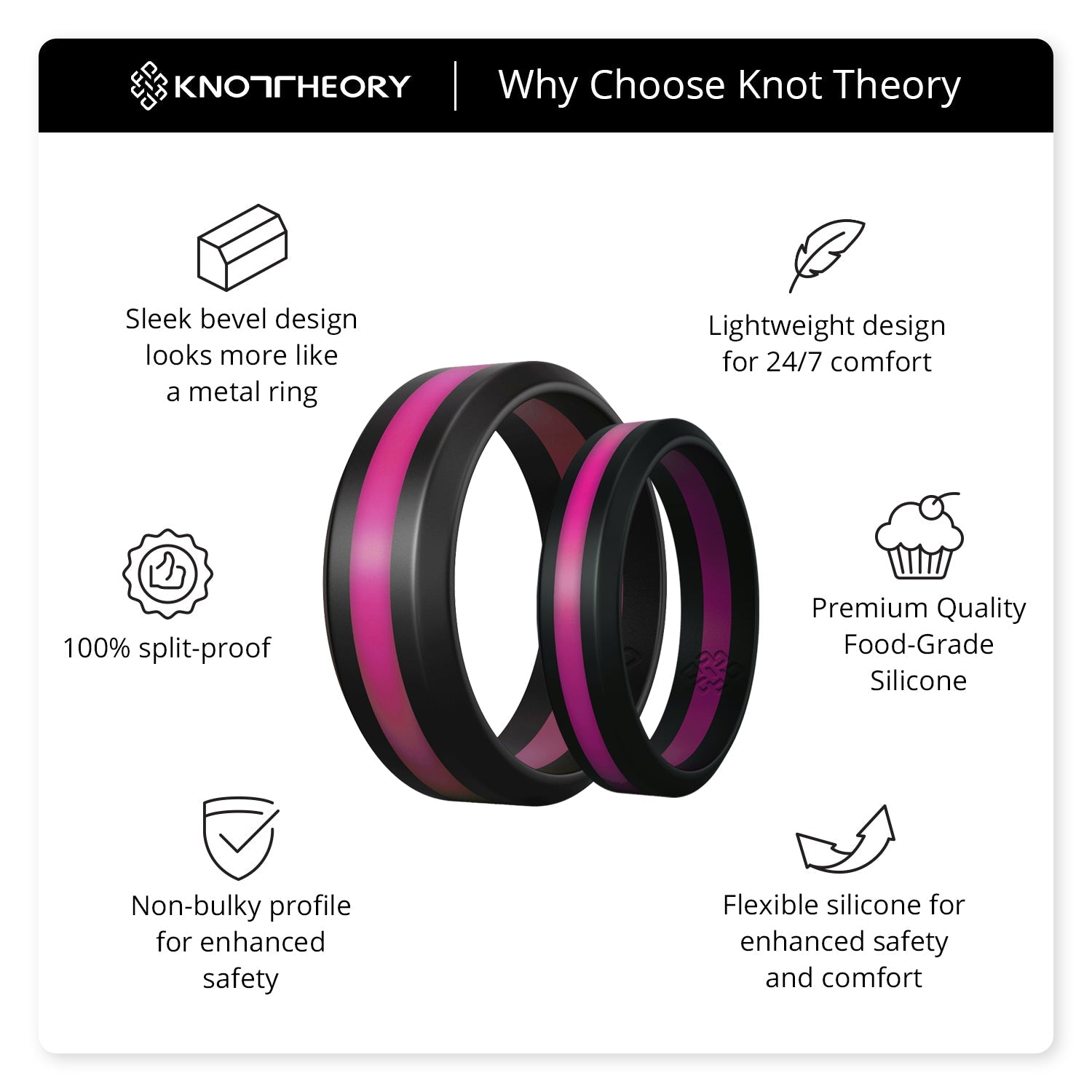 Hot Pink and Black Stripe Silicone Ring for Women and Men - Knot Theory