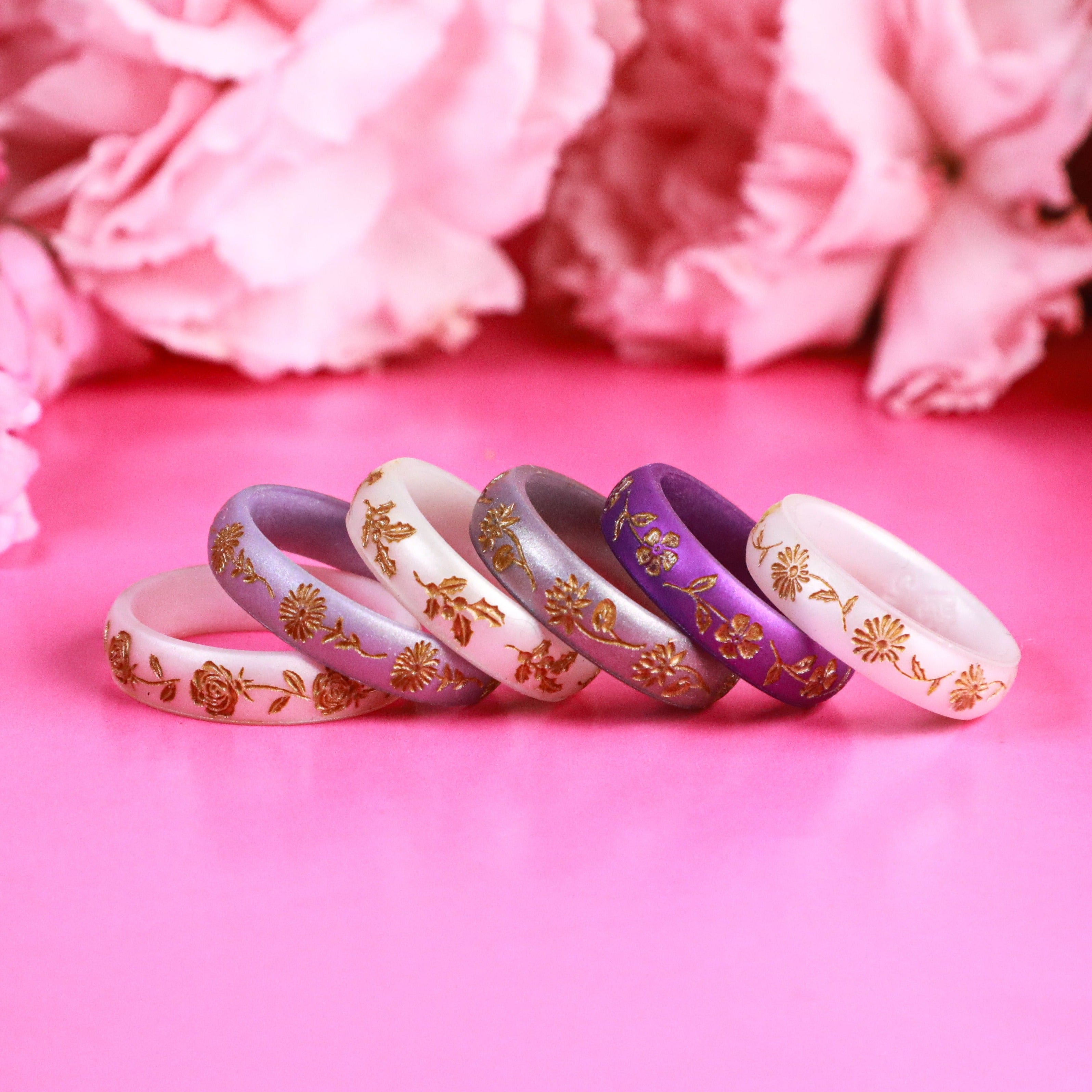 Gold Rose Silicone Ring, June Birth Flower on Arc 4mm