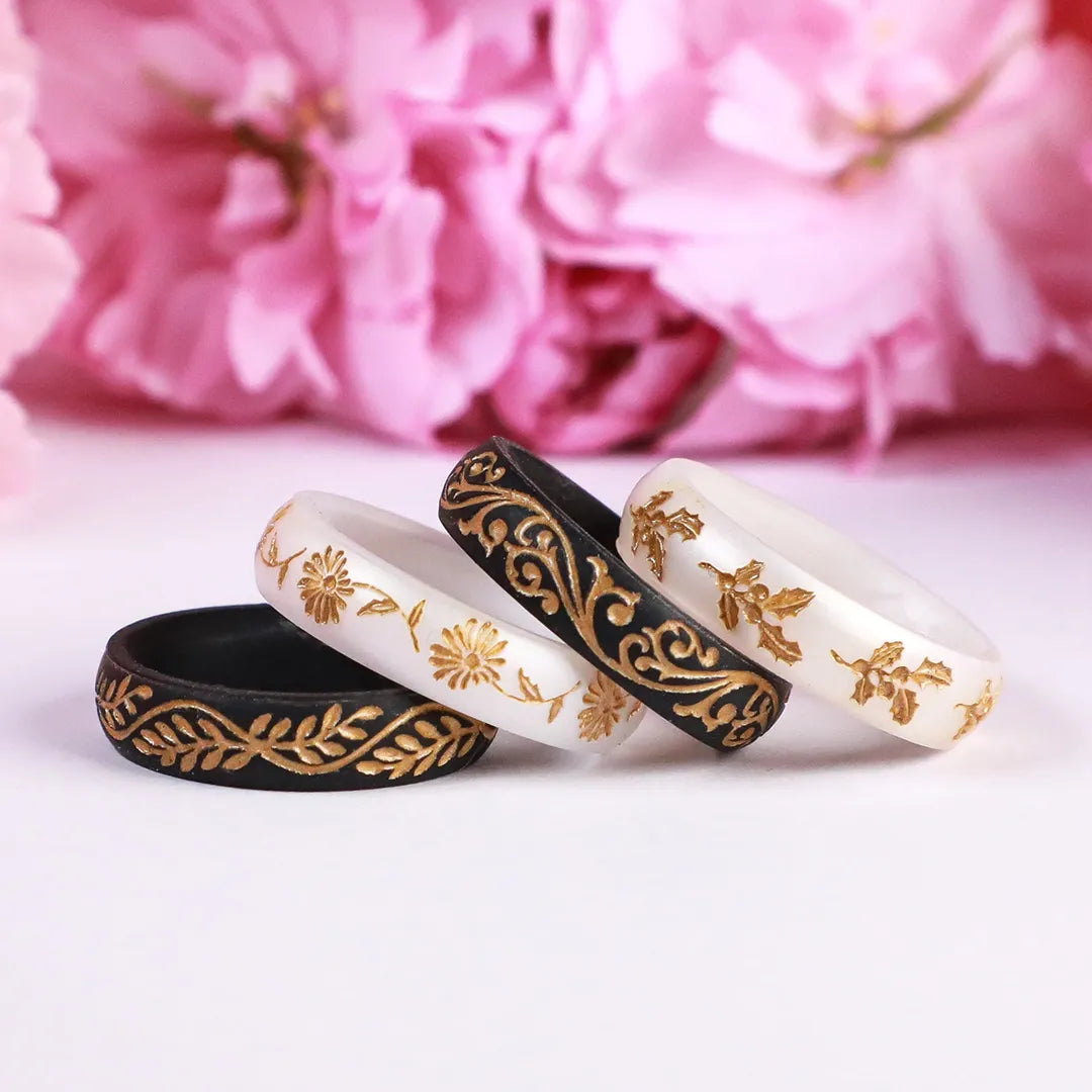 Gold Holly Silicone Ring, December Birth Flower on Arc 4mm