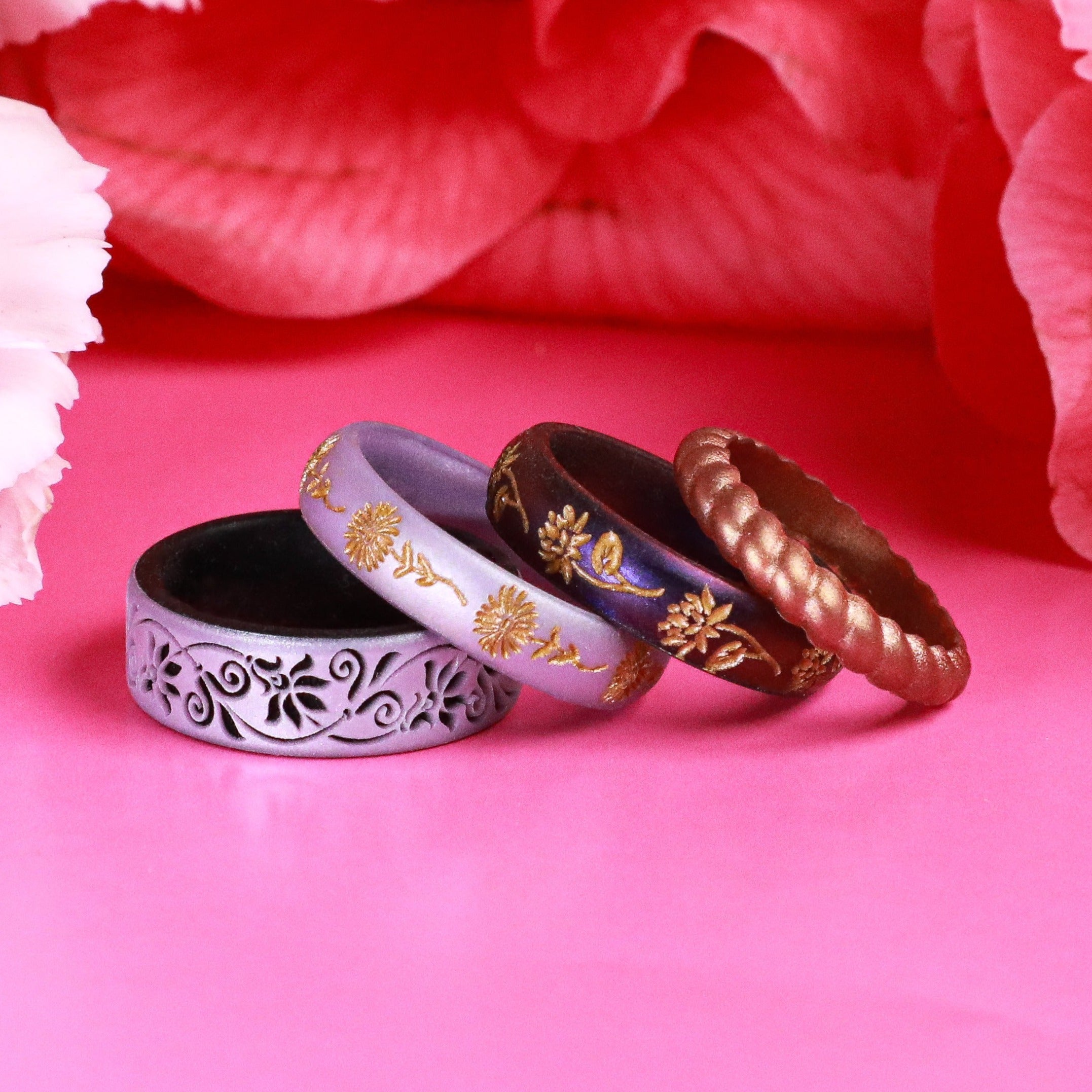 Gold Water Lily Silicone Ring, July Birth Flower on Arc 4mm