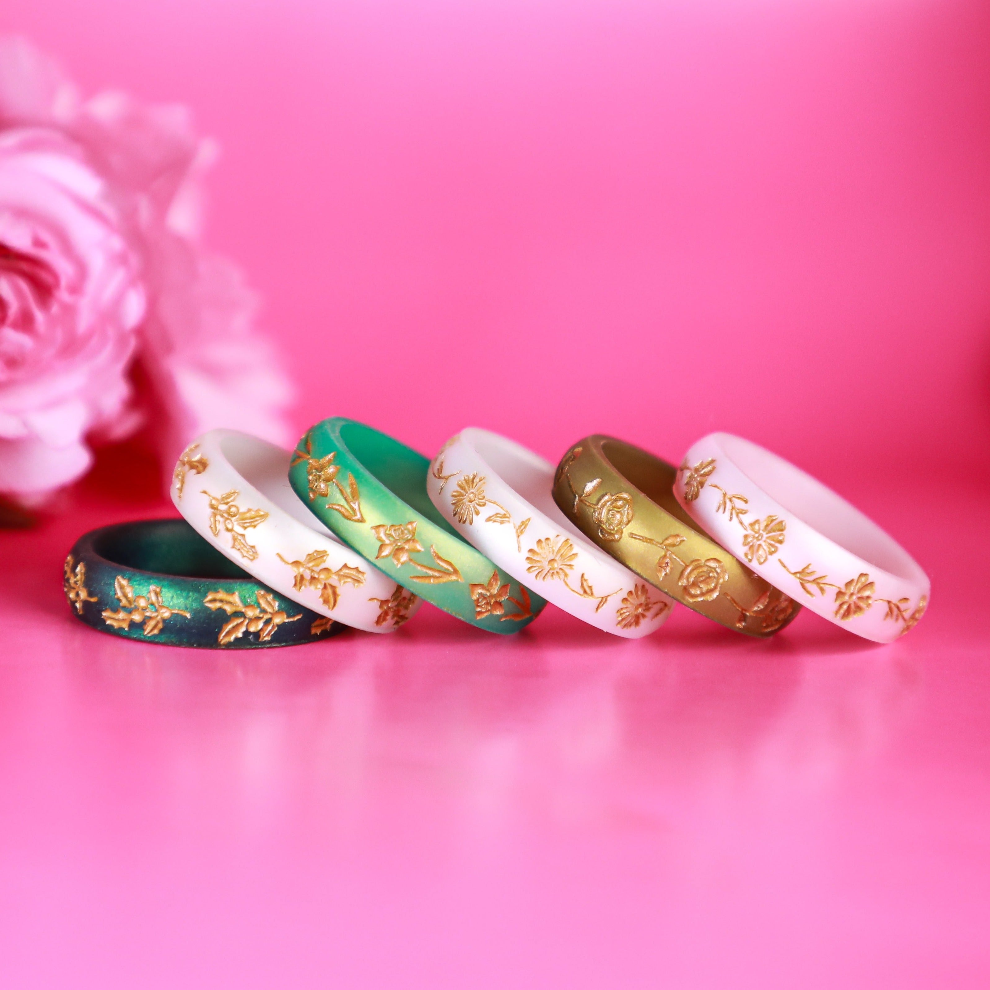 Gold Primrose Silicone Ring, February Birth Flower on Arc 4mm