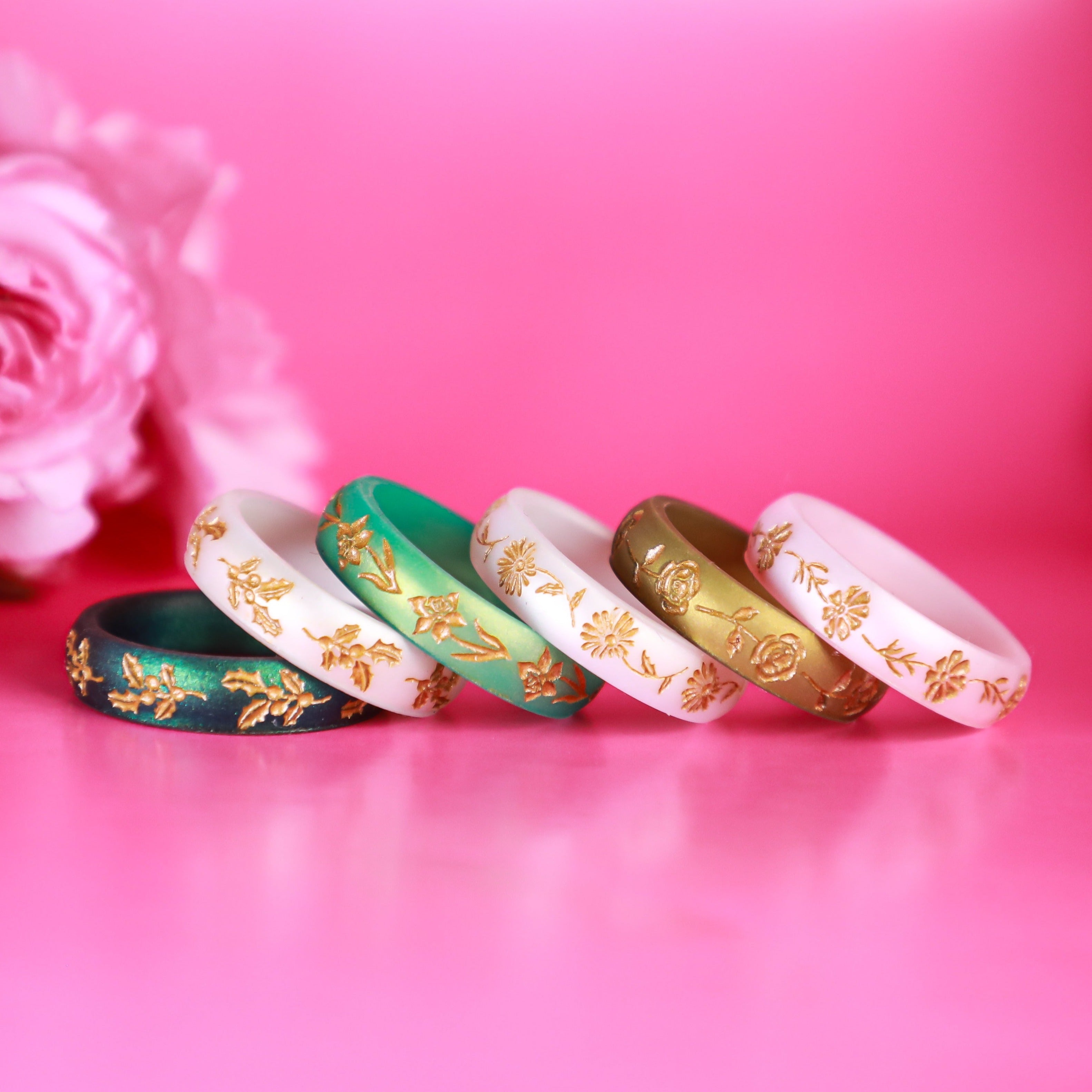 Gold Cosmos Silicone Ring, October Birth Flower on Arc 4mm