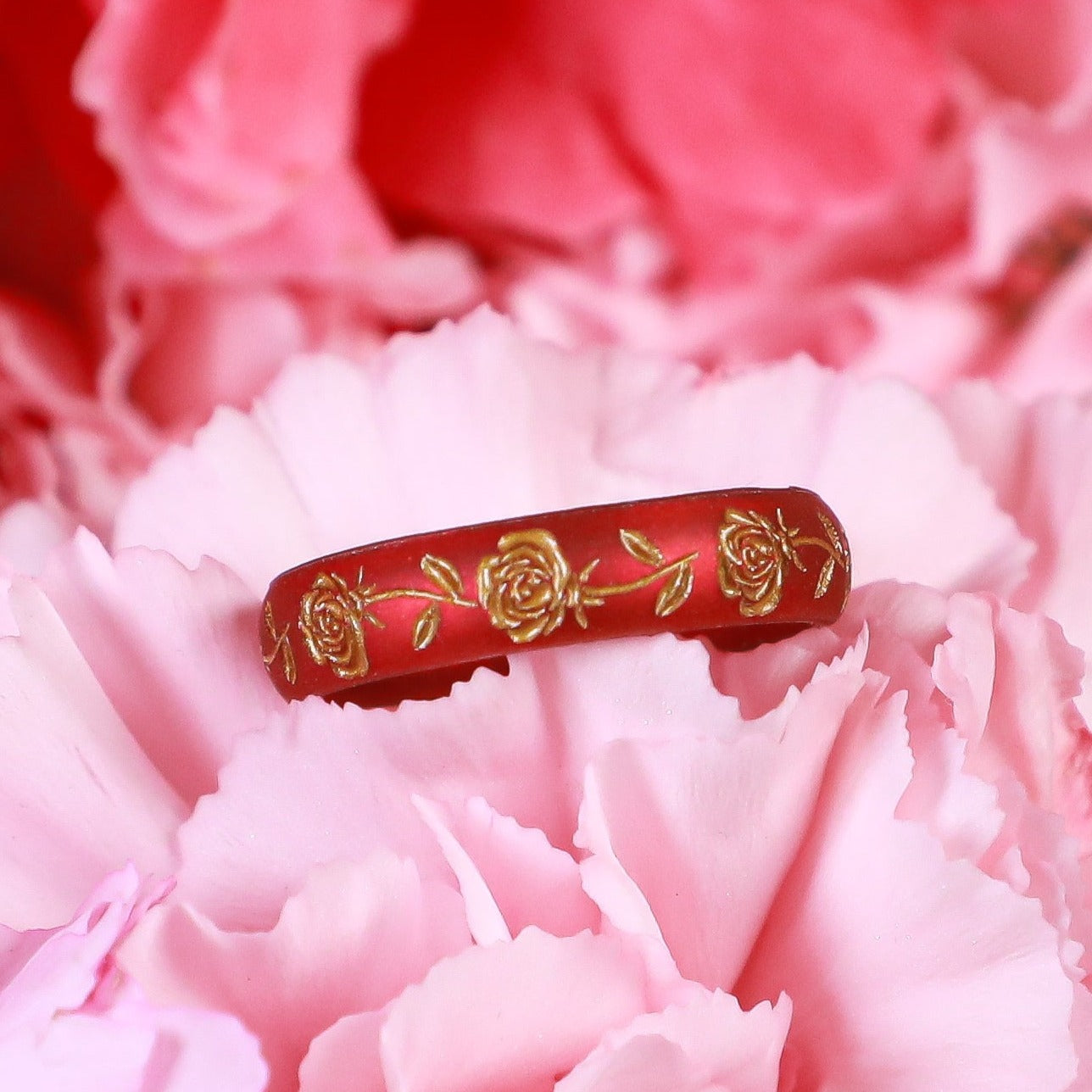Gold Rose Silicone Ring, June Birth Flower on Arc 4mm