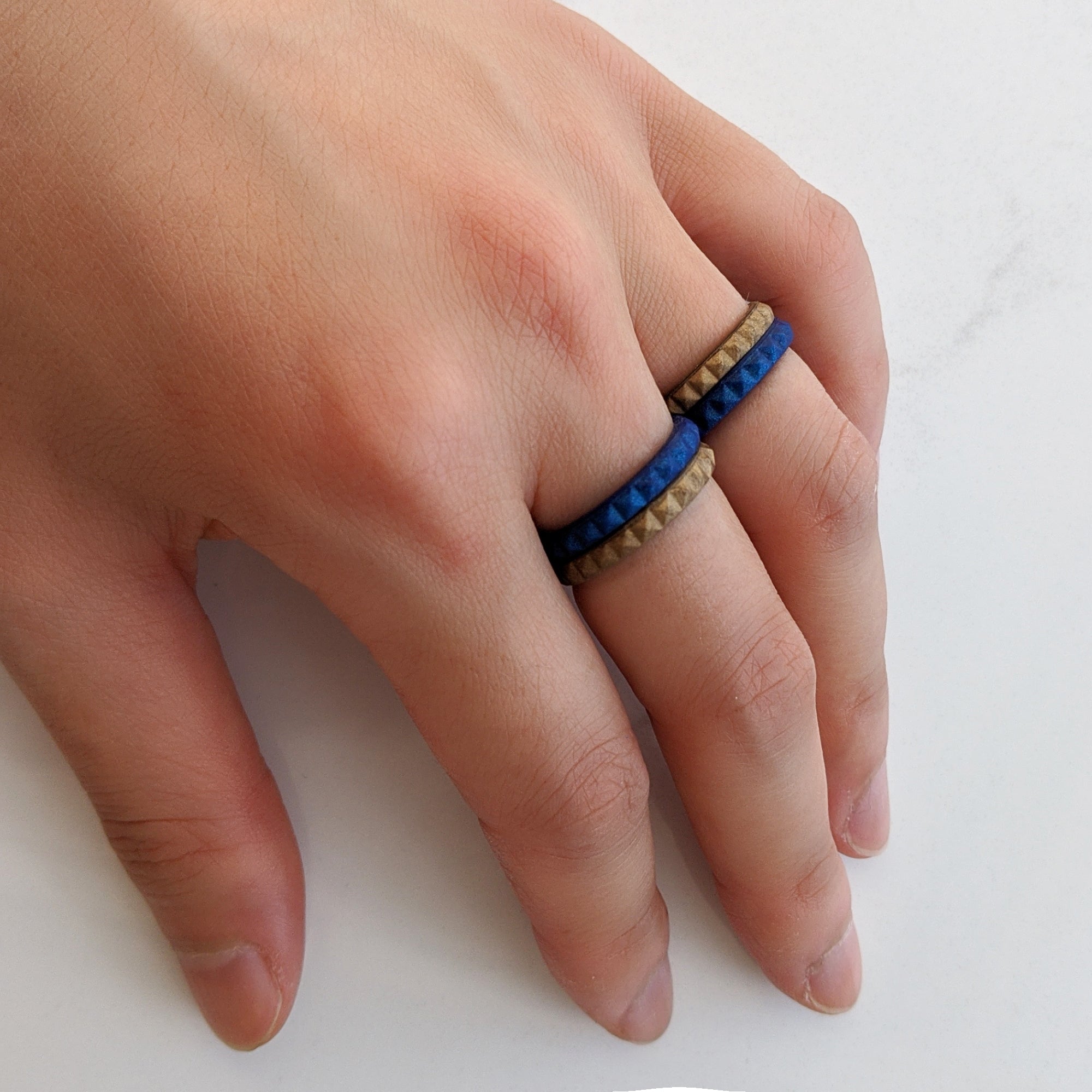 Metallic Blue Sapphire Pyramid Stackable Slim Thin Silicone Ring for Women - Knot Theory