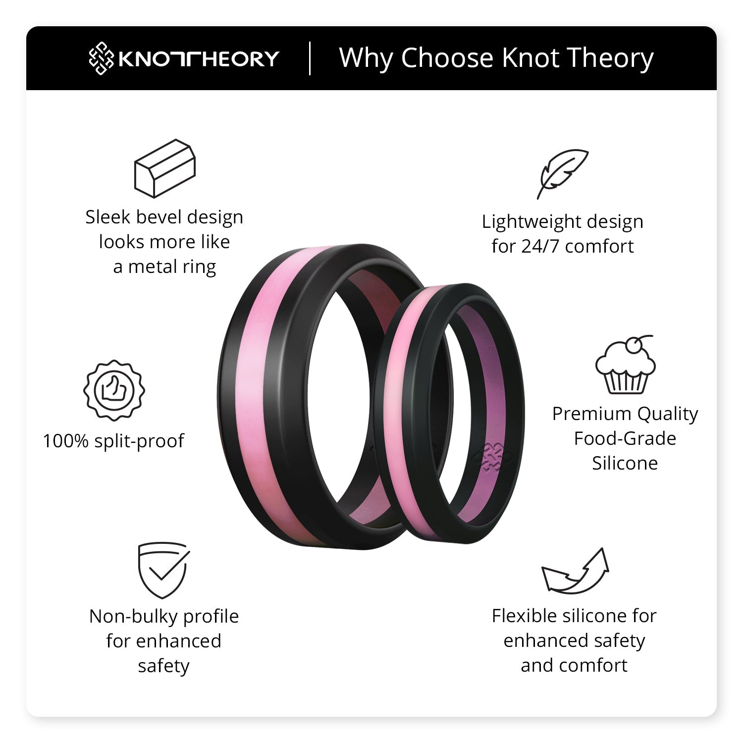 Pink and Black Candy Stripe Silicone Wedding Ring for Women and Men - Knot Theory