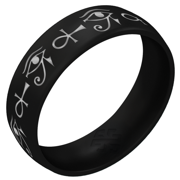Silver Eye of Horus & Ankh Silicone Ring on Arc 6mm